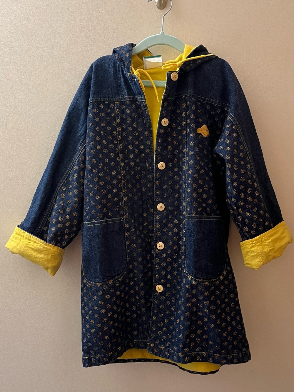 Vtg Kids Denim Hooded Coat with Yellow Lining